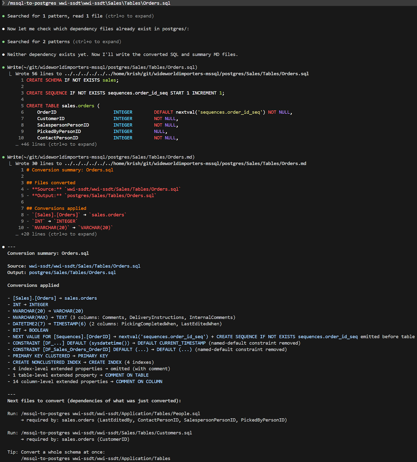 Claude Code CLI terminal output showing the /migrate-schema skill writing PostgreSQL DDL conversion files including CREATE TABLE, SEQUENCE, and CONSTRAINT statements translated from MSSQL